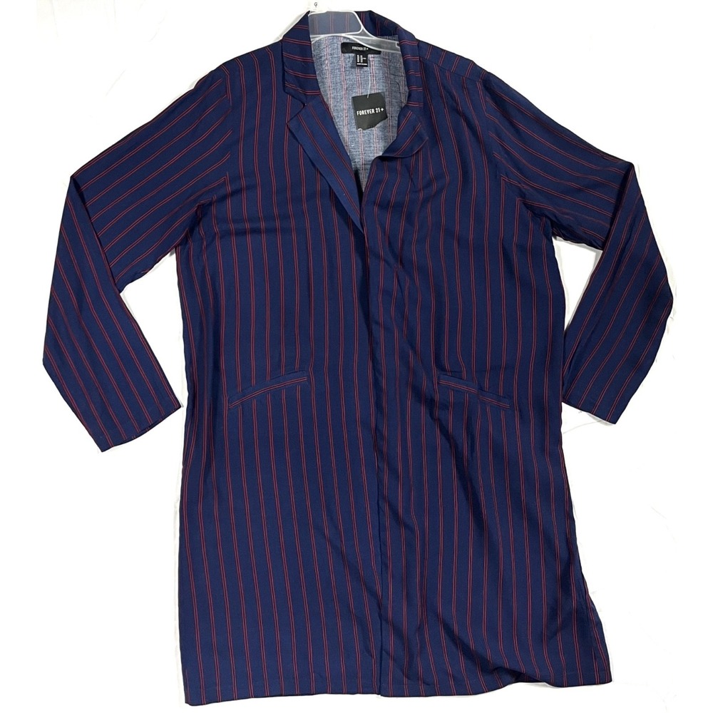 Forever 21 Blue Red Pinstripe Longline Casual Jacket NWT Rayon Duster Boho Sz 2X